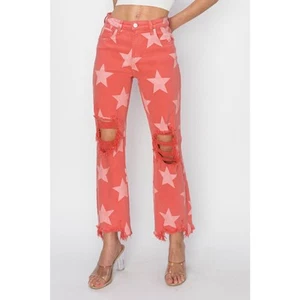 Risen Coral Distressed Raw Hem Star Pattern Jeans - RDP5609X - Größe 2XL - Bild 1 von 4