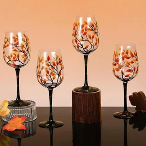 4 Pcs Autumn Fall Leaves Theme Party Stemmed Wine Glasses Hand Painted Drinking - Picture 1 of 12