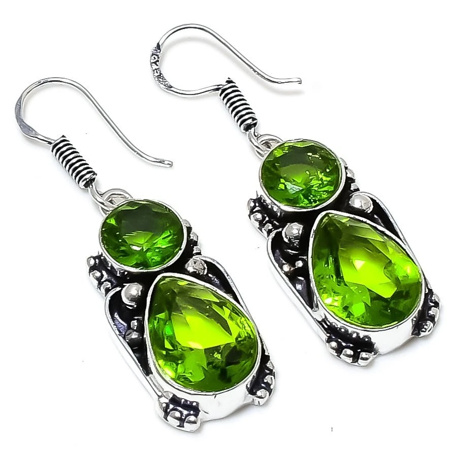 Green Peridot Gemstone Handmade 925 Sterling Silver Jewelry Earring Size 1.75'' - Image 1 of 1
