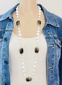 Plunder Embry White Beaded Brown Marbled Station Necklace - Picture 1 of 7