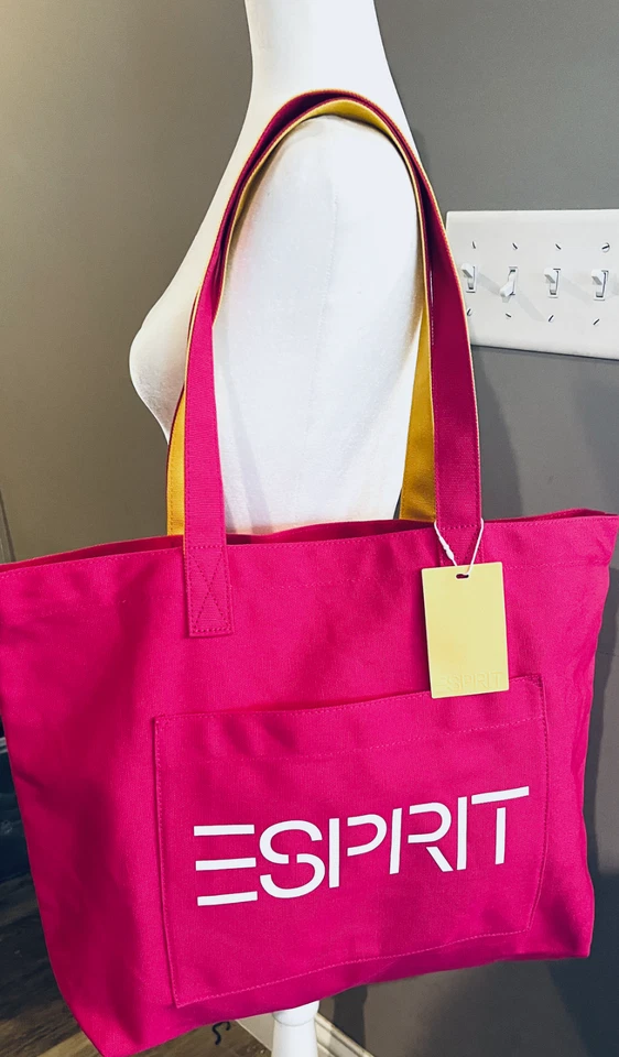 ESPRIT Throw-back 90's Style Bright Pink Canvas Logo Tote Authentic SEE DESC - Image 1 of 2
