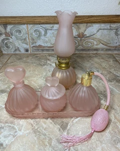 Vintage peachy pink frost heart glass, kerosene lamp & vanity dresser set - 5 pc - Picture 1 of 13