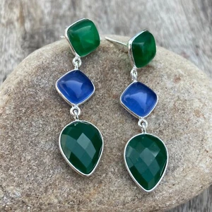 925 Sterling Silver Green Onyx Blue Chalcedony Handmade Dangle Drop Earring - Bild 1 von 6