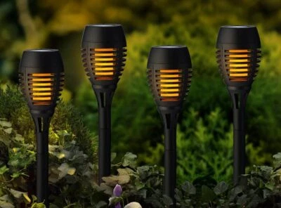 Solarleuchten Gartenfackel 4er Set Schwarz Flammeneffekt Solar Fackel Außen 27cm - Bild 1 von 4