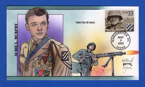 Scott 3396 Distinguished Soldiers Audie Murphy Hand Painted Bevil FDC 54/200 Cover