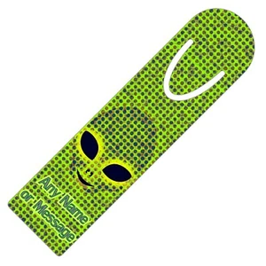 PERSONALISED ALIEN FACE UFO PRINT BOOKMARK ALUMINIUM PAGE HOLDER READING GIFT - Picture 1 of 4