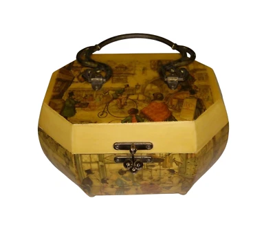 Cartera caja madera vintage Anton Pieck Decoupage octágono mango de metal Foto 1 de 4