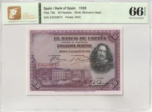 1928 Spain 50  Pesetas  Pick#75b 66  EPQ Gem UNC - Picture 1 of 2