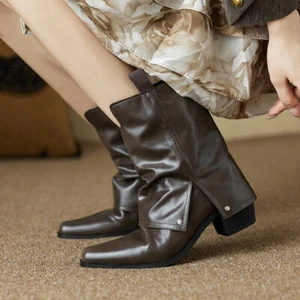 Scarpe stivali western donna 2024 moda pelle punta quadrata tacco a blocco borchie - Foto 1 di 14