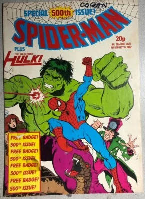 Póster de Spider-Man #500 (1982) Marvel Comics Reino Unido Hulk Mick Austin en muy buena condición Foto 1 de 3