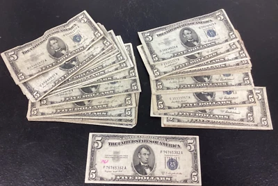 (Lot of 45) 1953 $5 U.S. Silver Certificate Blue Seal Notes - Circulated - Image 1 of 4