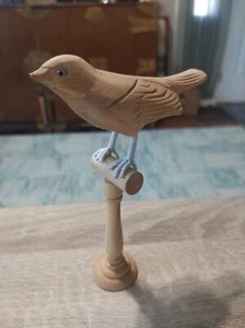 Hand carved wood whittled bird figurine on a stand - Picture 1 of 9