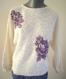 De Colección Años 80 Talla M Busto 38 Ala de Murciélago Dolman Púrpura Rosas Joyce Suéter Mangas Largas - Imagen 1 de 6