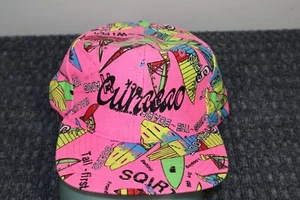 Vintage Curacao Hat Cap Snap Back Allover Print Surfboards Pink Colorful Script - Picture 1 of 10