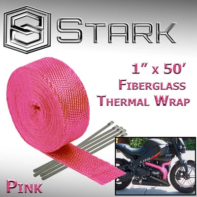 1" x 50' Ft Motorcycle Header Exhaust Heat Wrap Fiberglass Manifold - Pink (A) - Image 1 of 2