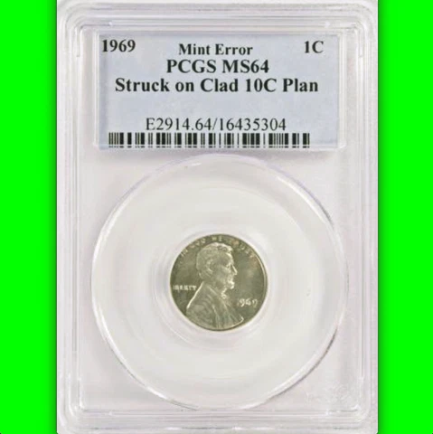 1969 PCGS MS64 Lincoln Cent on Dime Planchet ✅ Only 2 Ever Auctioned! 1C on 10C Cover