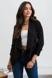 Rouched 3/4 Sleeve Open Front Blazer in Black - Picture 1 of 5