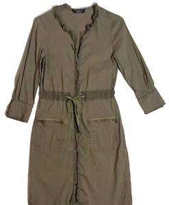 Tahari for Nordstrom Linen Rayon Small Zip Dress Olive Long Sleeve Tie Waist - Picture 1 of 13