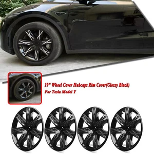 Gloss Black 19" Wheel Cover Hubcaps Rim Cover For Tesla Model Y 2020-24 21 4PCS - Picture 1 of 19