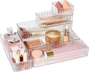 7 PCS Clear Drawer Organizers Bins, 4-Size Stackable Makeup and Vanity Drawer,, - Picture 1 of 12