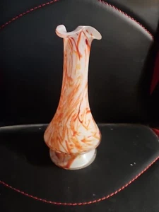 Orange Swirl White Opalescent Art Glass Tulip Pedestal Vase - Picture 1 of 6