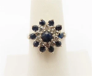 18k White Gold Sapphire & ~1/4CTW Diamond Cluster Ring Size 7 - Picture 1 of 6