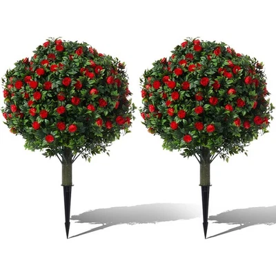 24" Artificial Boxwood Topiary Ball Trees with Red Rose,w/Ground Spike, Set o... - Image 1 of 4