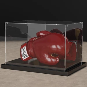 Boxing Glove Display Case with Mirror and Black Metal Grooved Base Clear Acry... - Picture 1 of 7