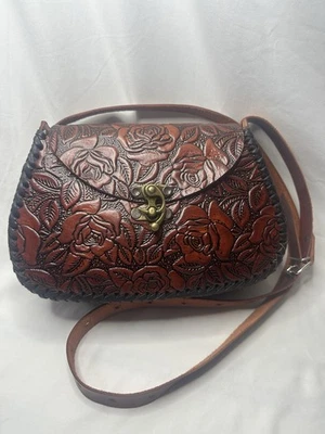 Hand Tooled Roses Leather Purse Boho Hippy Bag Crossbody Medium Excellent - Image 1 of 4