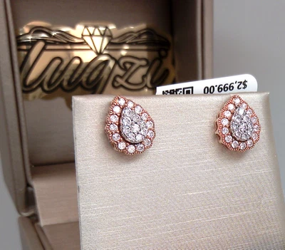 $3000⭐10k ROSE Gold⭐1/2CTTW NATURAL DIAMOND HALO CLUSTER TEARDROP Stud EARRINGS - Image 1 of 4