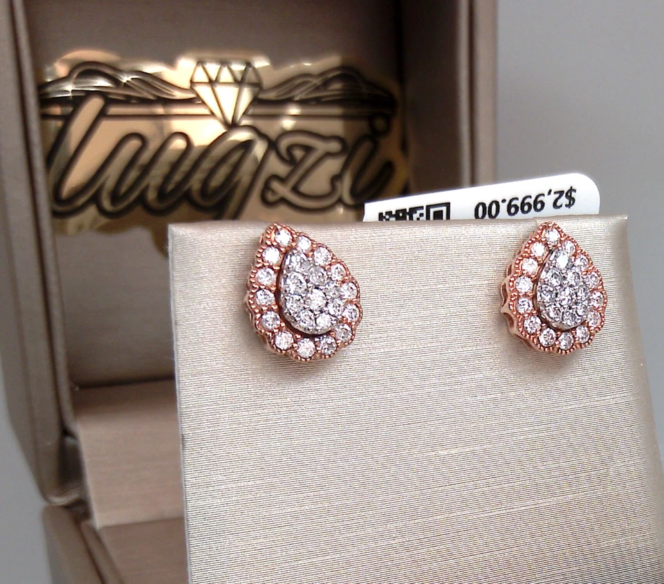 $3000⭐10k ROSE Gold⭐1/2CTTW NATURAL DIAMOND HALO CLUSTER TEARDROP Stud EARRINGS - Image 1 of 4