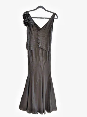 DKNY women's silk sleeveless midi open back dress w/applique flowers us size 4 - Image 1 of 4