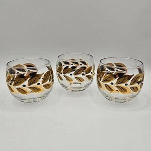Vintage Federal Glass Roly Poly Barware Gold Black Laurel Leaf Set of 3 MCM - Picture 1 of 12
