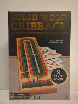 Complete Cribbage Set Solid Wood Folding 3-Track Board with Playing Cards - Image 1 of 4