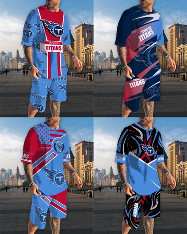 Tennessee Titans Mens 2pcs Outfits Short Sleeve Casual Top Pockets Board Shorts Cover