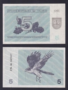Banconota Lituania 5 talonas 1991 P.-34b FDS/UNC - Imagen 1 de 1