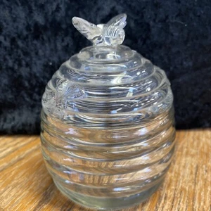 "Jarro de miel de vidrio transparente vintage de los años 70 plato detallado colmena de abejas 4 1/2""" - Imagen 1 de 2