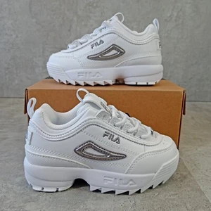 Fila Disruptor 2 Exp Older Girls White Silver Faux Leather Trainers UK Size 9 - Picture 1 of 10
