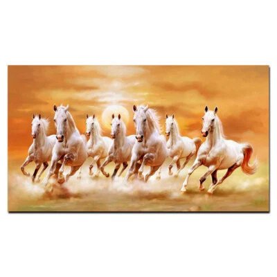 White Abstract Seven Horse Running Animal Canvas Wall Art Large Picture Prints - Image 1 of 4
