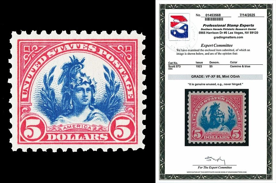 Scott 573 1923 $5.00 America Mint Graded VF-XF 85 NH with PSE CERT - Image 1 of 1