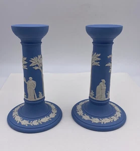 Vintage Set of 2 Wedgwood Blue Jasperware 6.5” Taper Candle Holders - Picture 1 of 7