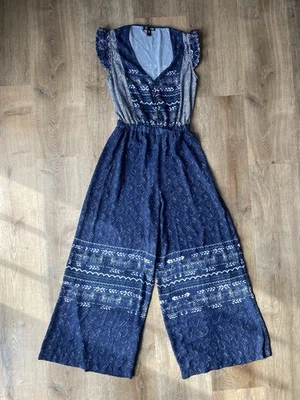 Macacão feminino Aqua azul marinho boho perna larga tamanho pequeno manga flutter - Imagem 1 de 4