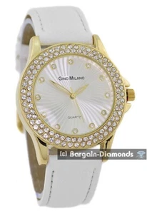 Damenuhr weiß-goldfarben-CZ Clubbing Silber-CZ Zifferblatt weißes Armband 7-8,5" Armband - Bild 1 von 6