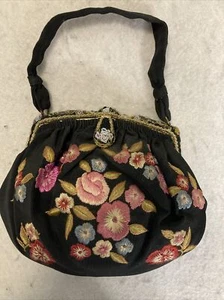 Vintage handgefertigt in Frankreich bestickt schwarze Geldbörse Perlen Emaille Blume Akzente - Bild 1 von 21