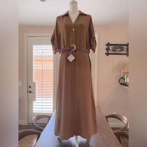 ZARA NEW GOLD BUTTON BELTED SHIRT DRESS MAXI TEXTURED LIGHT BROWN XL WORKWEAR - Picture 1 of 13