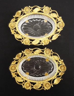 Vintage Matson Hollywood Regency Gold Plated Glass Sunflower Soap Dish Pair 1950 - Image 1 of 4