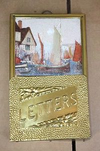 Vtg Antique Brass Sailing Ship Nautical Wood Plaque Letter Wall Organizer Holder - Picture 1 of 2