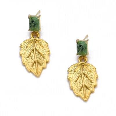 ADIBA Designer Handmade Green Jade Stone Leaves Drop Earrings - Image 1 of 3