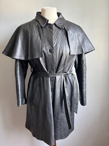 Vintage LEATHER COAT TRENCH 8 10 12 belt cape german military steampunk distress - Picture 1 of 20