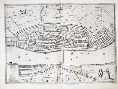 Antike Karte: Ansicht Campen, Urbis Campensis, Braun und Hogenberg, 2 Wappen - Bild 1 von 4